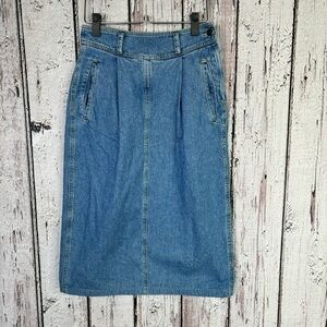 VINTAGE 80s-90s Lizwear Denim Midi Skirt High Waist Pleated Pockets Retro Size 8